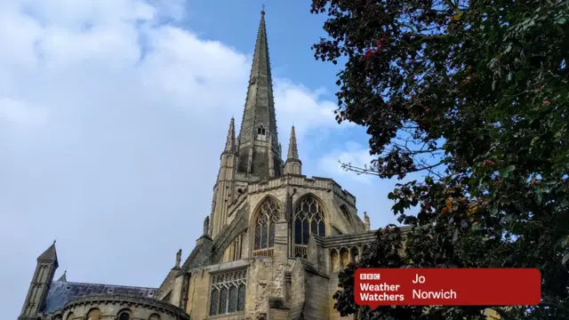 Norwich Cathedral against blue sky