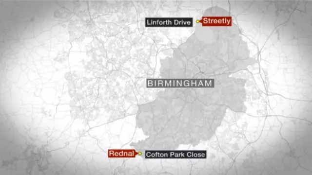 Map of Birmingham showing where the two murder scenes are