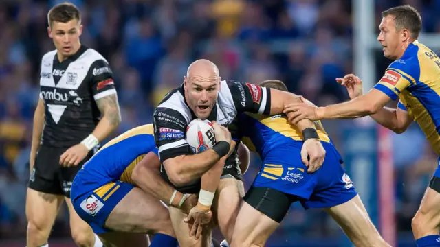 Gareth Ellis tries to take on the Leeds defence