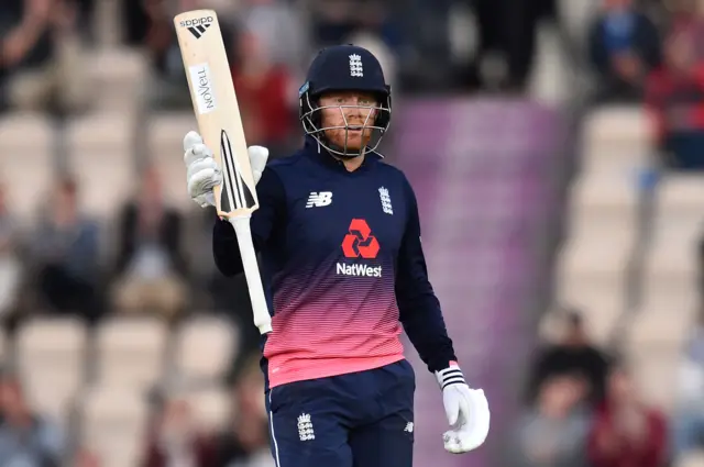 Jonny Bairstow celebrates his half-century during the final One-Day International (ODI) cricket match between England and the West Indies