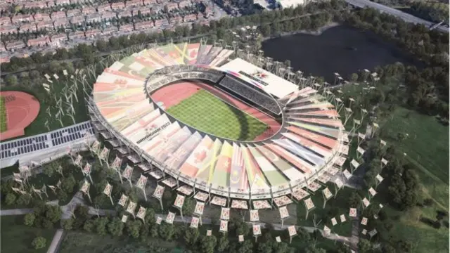 An artist's impression of a refurbished Alexander Stadium from above