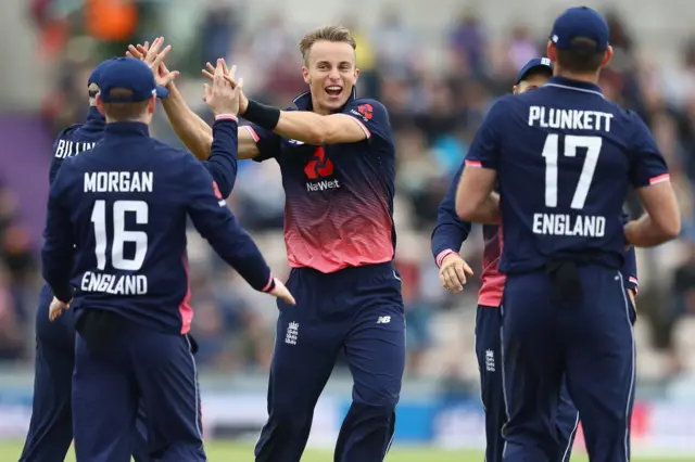 Tom Curran celebrates dismissing Chris Gayle