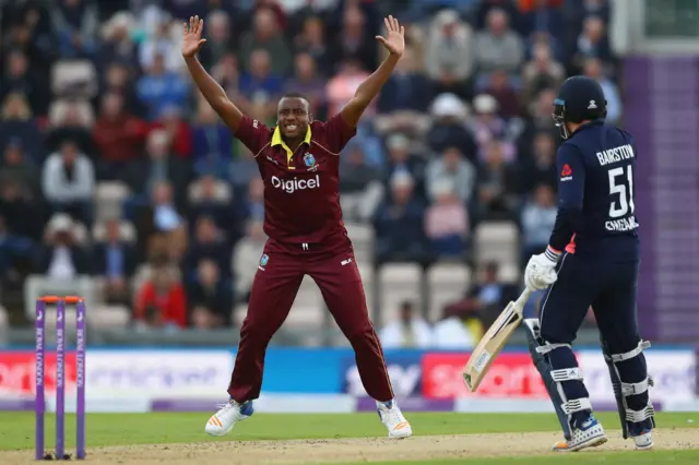 Miguel Cummins of West Indies appeals unsuccessfully for the wicket of Jason Roy