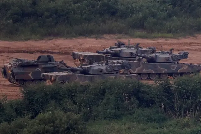 South Korean tanks take part in a military exercise in Paju, South Korea.