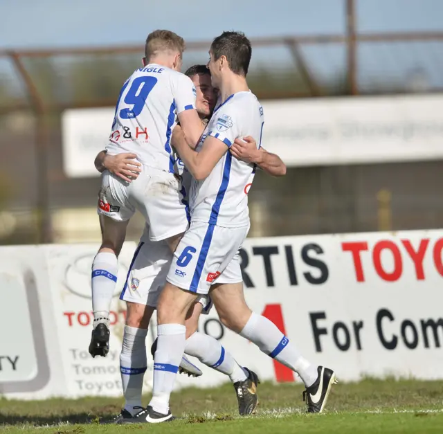 Delight for Coleraine's Stephen O'Donnell after he scores against the Sky Blues at Warden Street