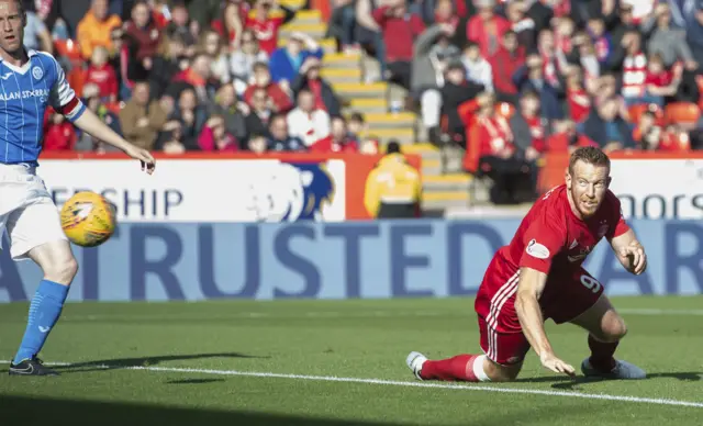 Aberdeen's Adam Rooney stoops to score against St Johnstone