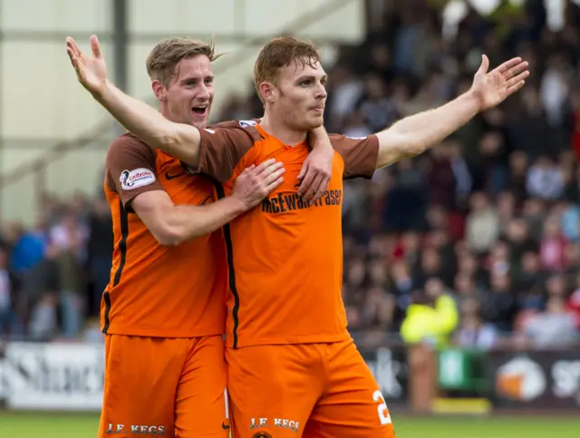 Fraser Fyvie (right) celebrates scoring for Dundee United