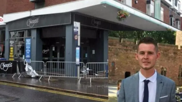 Chicago's in Stourbridge High Street - and, inset, Ryan Passey who was fatally stabbed at the venue on August 6