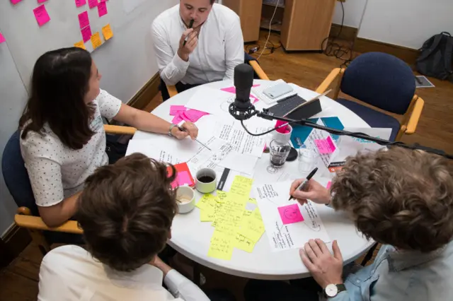 Four people sitting around a table covered in paper