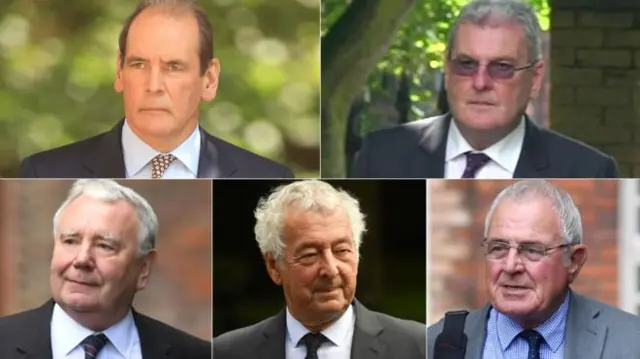 (Clockwise from top left) Sir Norman Bettison, Graham Mackrell, Donald Denton, Alan Foster and Peter Metcalf appeared at Warrington Magistrates' Court