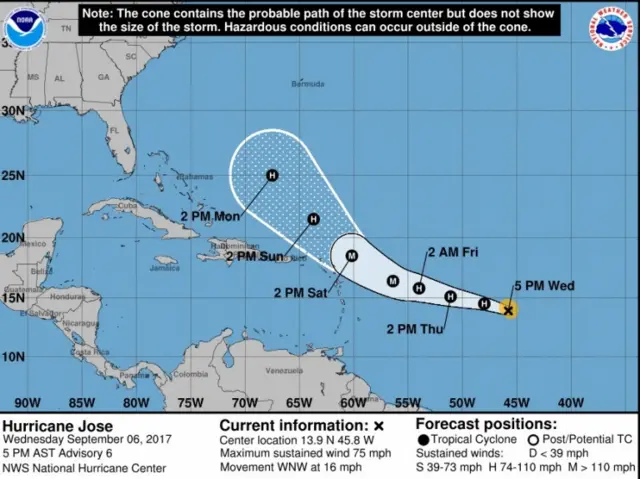 A handout image made available by The National Oceanic and Atmospheric Administration (NOAA) showing Coastal Watches/Warnings and Forecast Cone for Storm Center of the predicted path of Hurricane Jose