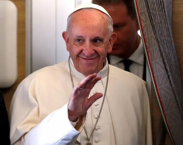 Pope Francis on board his plane bound to Bogota, Colombia. Photo: 6 September 2017