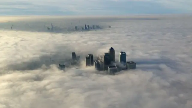 Aerial view of London on foggy day