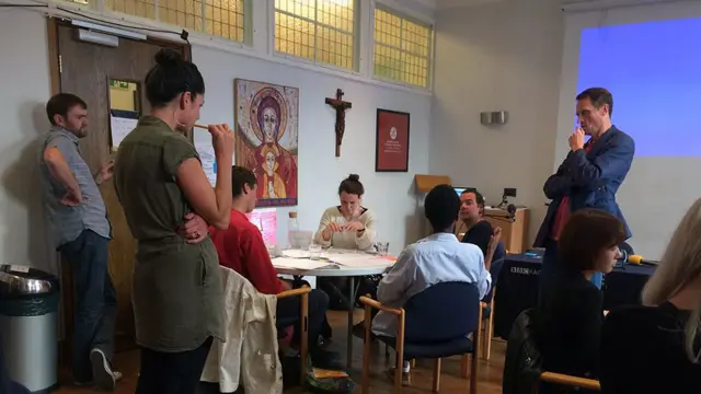 Producer Wesley Stephenson, Cat Drew and Matthew Taylor listen to Table Two's pitch