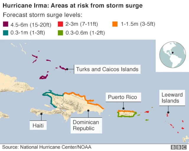 A map shows that the Turks and Caicos Islands could face the worst of a storm surge following Hurricane Irma