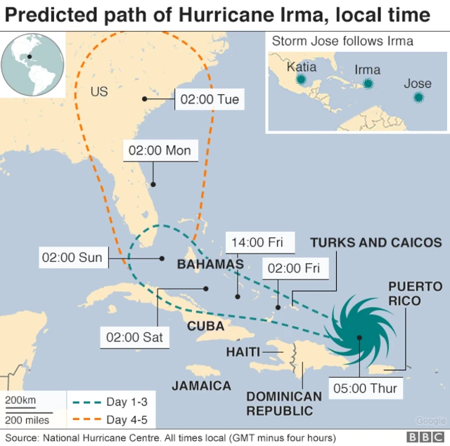 map showing predicted path of Rohingya past Caribbean islands in next few days and two Florida afterwards