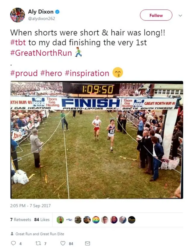 Aly Dixon's dad finishing the first Great North Run in 1981