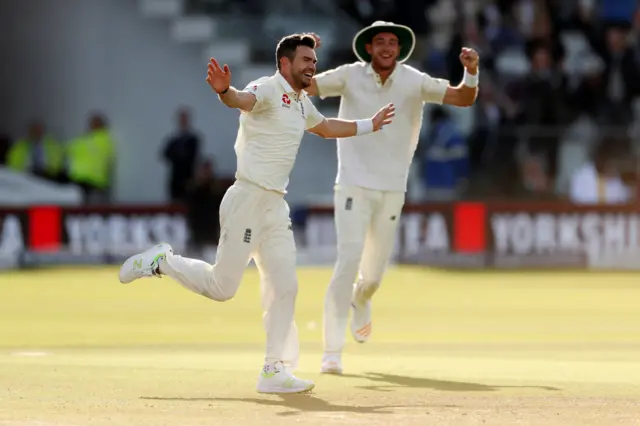 James Anderson celebrates taking his 500th Test wicket