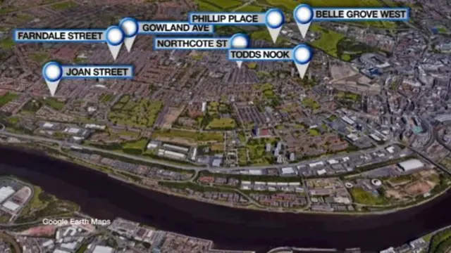 Addresses around the West End of Newcastle where victims were abused