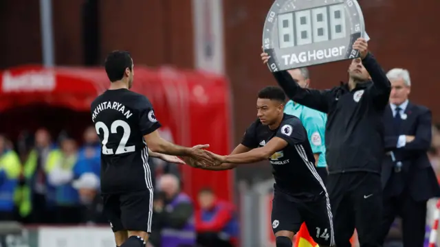 Jesse Lingard comes on as a substitute to replace Henrikh Mkhitaryan