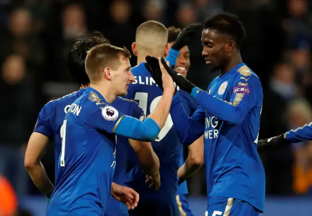 Leicester celebrate Albrighton making it 3-0