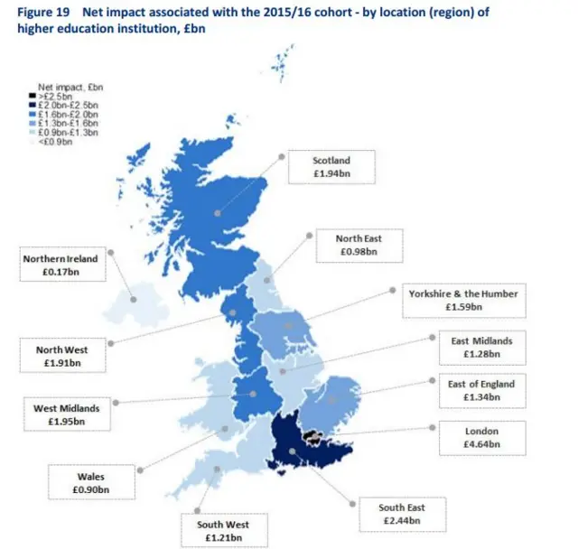 Map charting higher education net gain across the UK