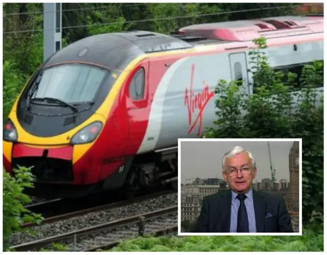 A Virgin train and an inset of the MP for Cleethorpes Martin Vickers