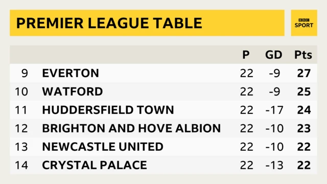 Table. 9 Everton, 10 Watford, 11 Huddersfield, 12 Brighton, 13 Newcastle, 14 Crystal Palace