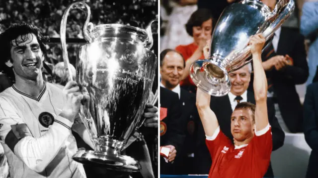 Aston Villa's Dennis Mortimer and Forest's John McGovern both hoisting the European Cup aloft