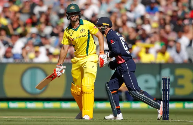 England celebrate the wicket of Mitchell Marsh