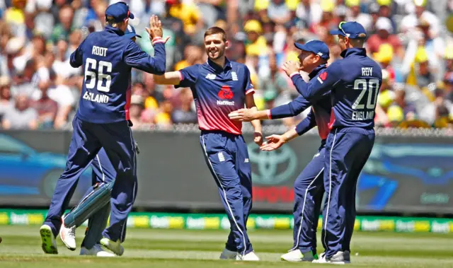 Mark Wood celebrates a wicket