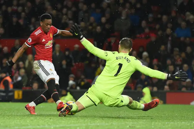 Jack Butland saves well from a Martial effort