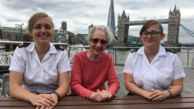 Able Seaman Lynsey Hellier, 23, Marie Scott, 91, served in World War Two and Able Rate Sara Jones, 25