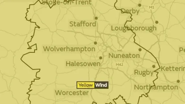 Area covered by yellow weather warning for wind