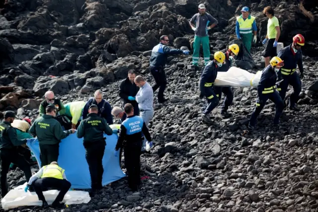 Spanish Civil Guard officials attend to dead migrants after they arrived in a small boat on Bastian de Costa Teguise beach, in Canary Islands, Spain, 15 January 2018.