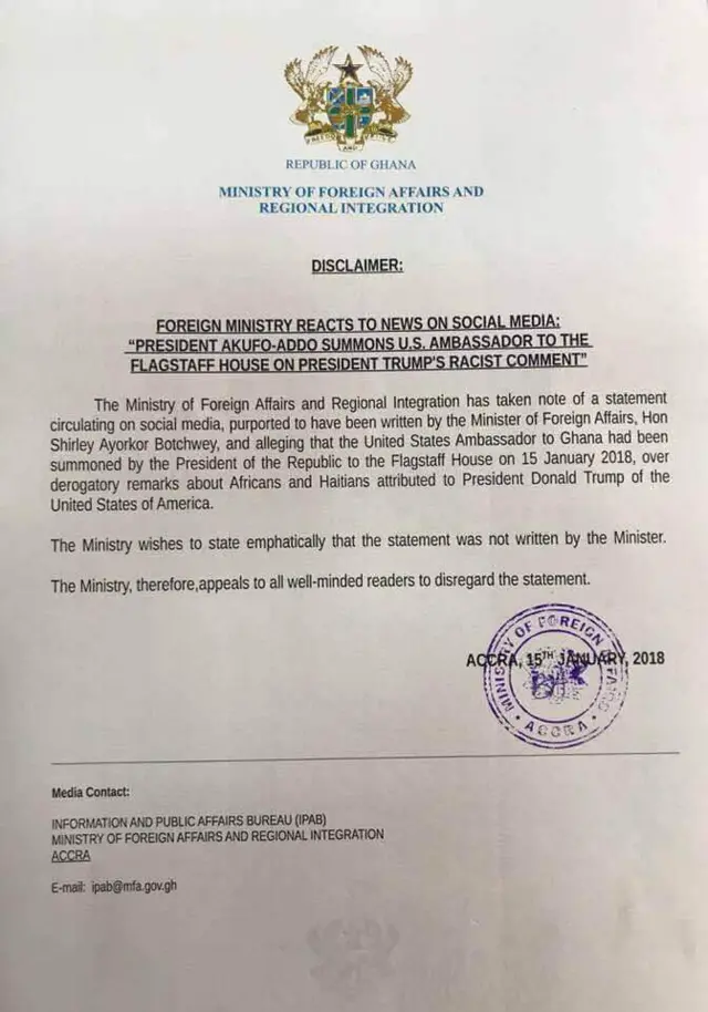 Statement from Ghana's presidency