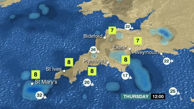 Weather map of Devon and Cornwall