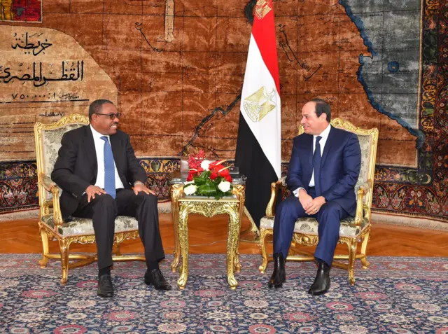 Egyptian President Abdel Fattah al-Sisi (R) and Ethiopian Prime Minister Hailemariam Desalegn during their meeting in the Egyptian Presidential Palace, Cairo, Egypt, 18 January 2018. Desalegn is in Egypt to discuss the obstacles in the negotiations over the Grand Ethiopian Renaissance Dam (GERD).