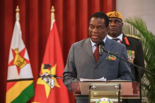 Zimbabwean President Emmerson Mnangagwa gives his remarks during his state visit to Mozambique on January 17, 2018 in Maputo.