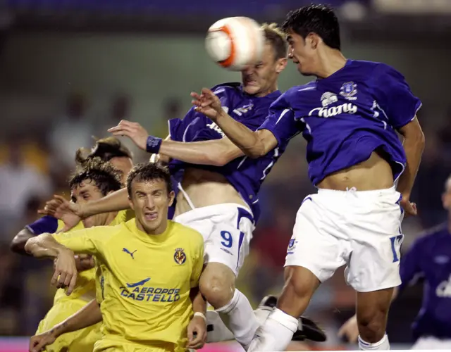 Duncan Ferguson scores a header for Everton against Vilarreal in the 2005 Champions League qualifying tie that referee Pierluigi Collina ruled out. Everton went on to be knocked out by the Spanish side.