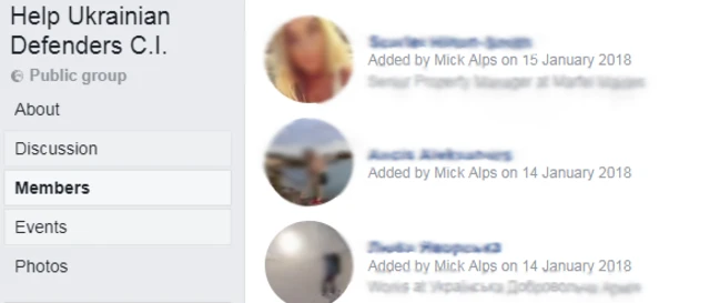 Screenshot of Help Ukrainian Defenders C.I. group showing members being added by missing man Mikus Alps