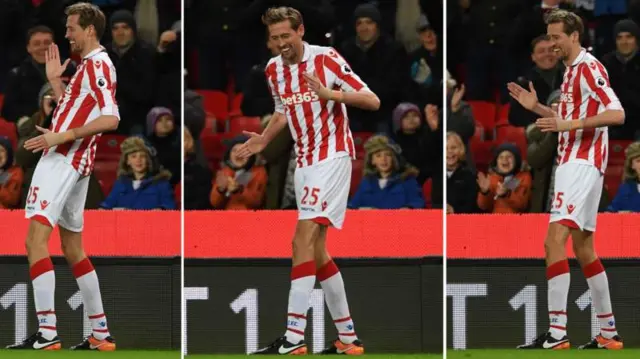 Stoke City striker Peter Crouch doing the "robot" dance