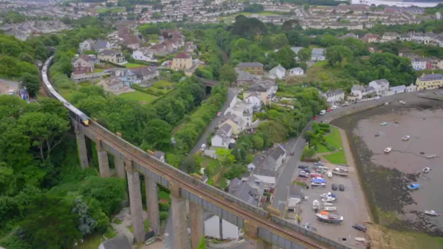 train going over bridge