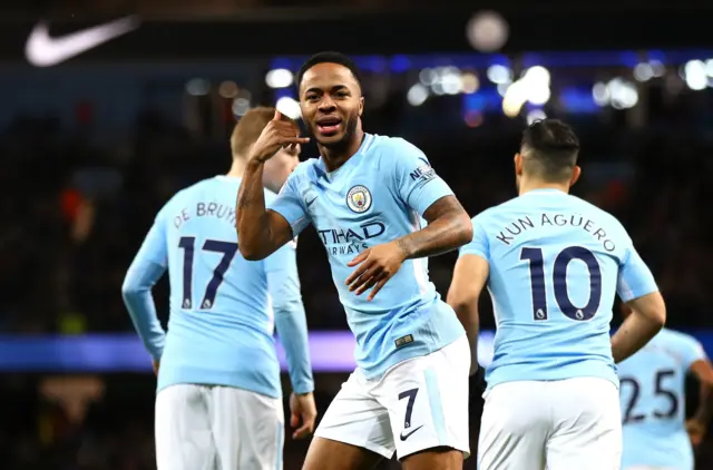 Raheem Sterling celebrates scoring against Watford