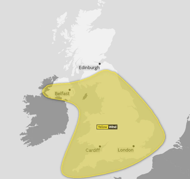 Yellow wind weather warning map