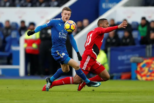 Jamie Vardy beats Molla Wague to the ball