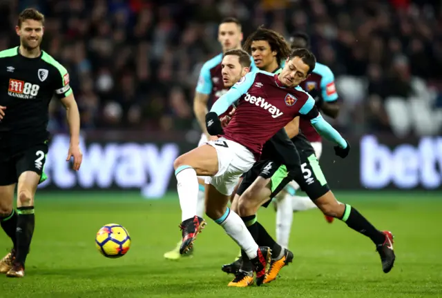 Javier Hernandez of West Ham United scores