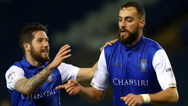 Atdhe Nuhiu and Jacob Butterfield celebrate Nuhiu's goal against Carlisle in the FA Cup