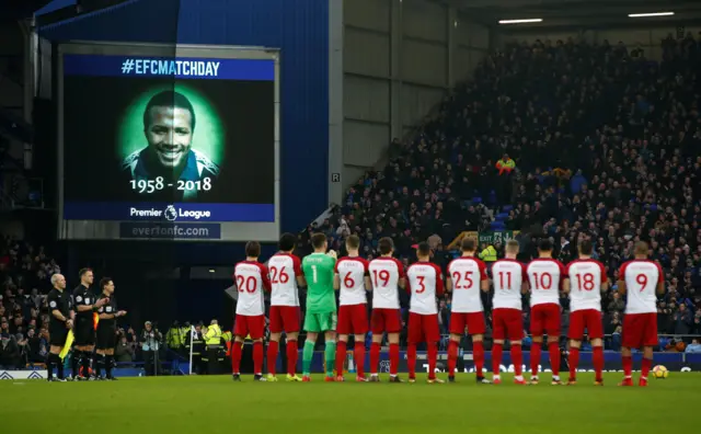 Everton and West Bromwich Albion players during a minute's applause in memory of Cyrille Regis