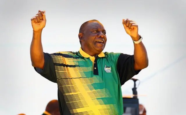 Cyril Ramaphosa sings before delivering the main speech during the ANC 106th anniversary celebrations at ABSA Stadium, East London, South Africa, 13 January 2018.